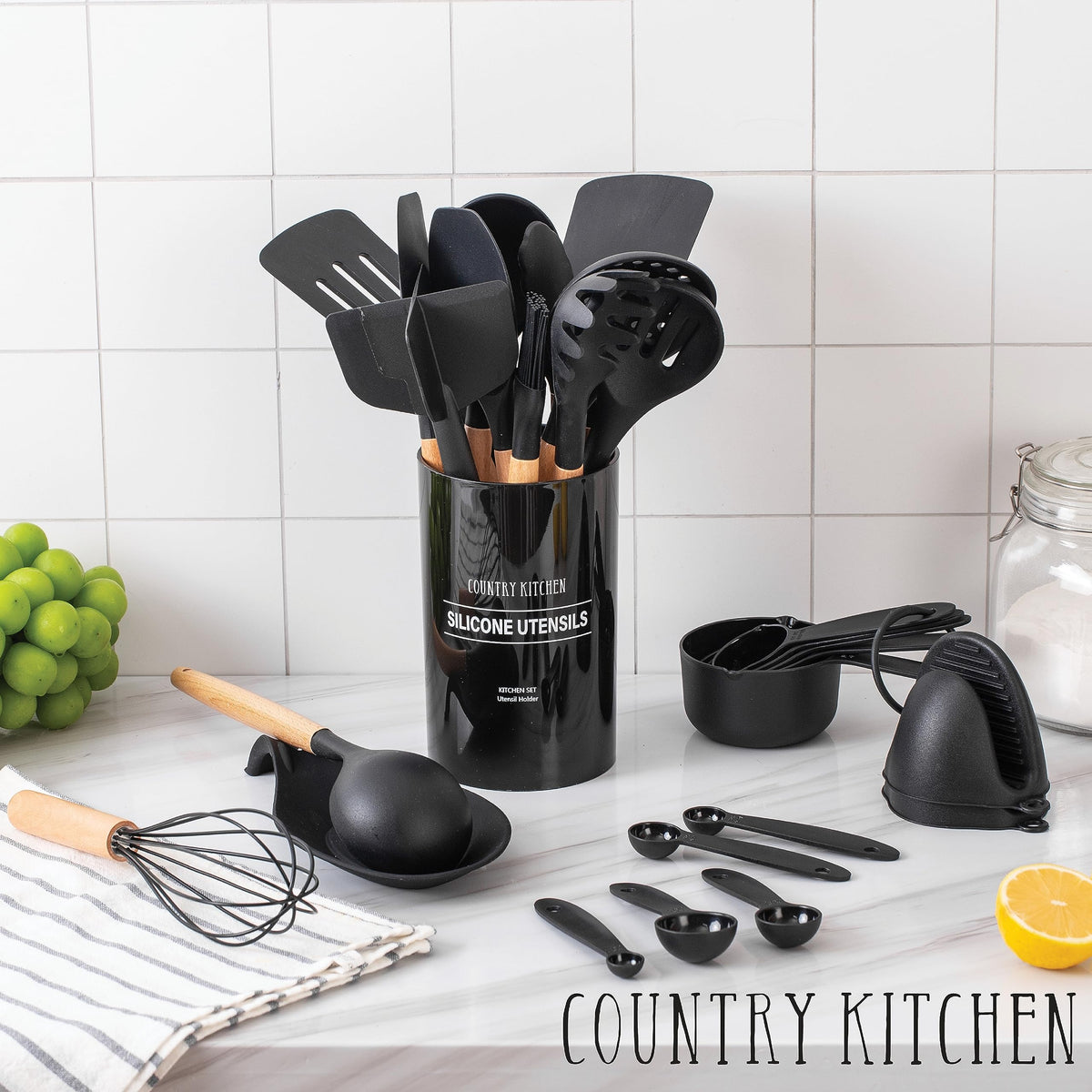 Country Kitchen Non Stick Silicone Utensil Set with Rounded Wood Handles for Cooking and Baking, 6 Piece Set, Black