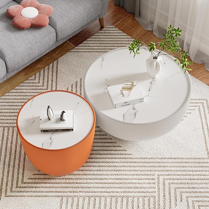 Orange Round Coffee Table with Sintered Stone Tabletop, 19.69 Drum Coffee Table with Fluted PU Leather Covered and Metal Base, Circle Cocktail Tea Table for Living Room