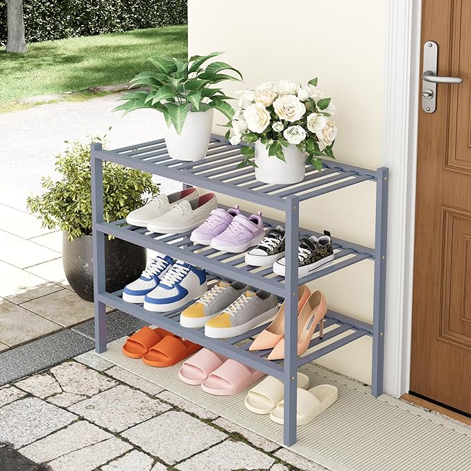 Smiry Shoe Rack, 3 Tier Thick Bamboo Shoe Organizer, Stackable Free Standing Wooden Shoe Storage Shelf for Closet, Entryway, Front Door Entrance, Grey