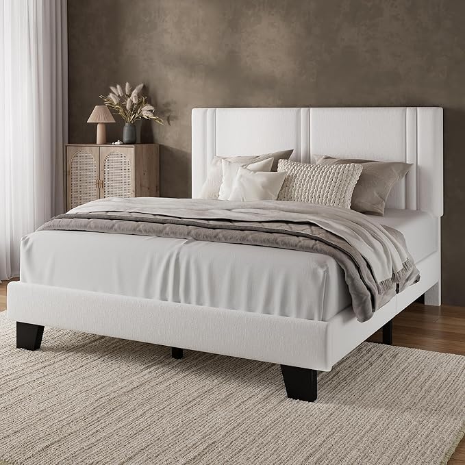 iPormis Queen Platform Bed Frame with Velvet Upholstered Headboard & Thickened Legs, Mattress Foundation with Solid Wooden Slats Support, No Box Spring Needed, Noise Free, White