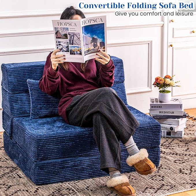 Folding Sofa Bed, Convertible Sleeper Chair with Pillow, High Density Memory Foam Fold Out Couch, Foldable Mattress Futon Sofa for Living Room/Dorm/Guest Use/Apartment/Home Office