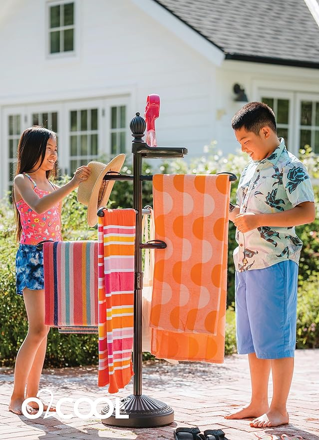 O2COOL Pool & Spa Valet, Adjustable Pool & Patio Towel Holder with Weighted Base, Outdoor Towel Bar, Poolside Table, Bronze