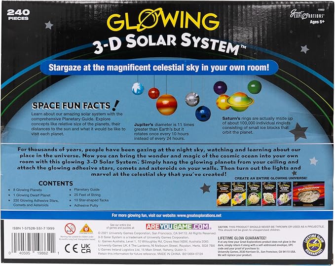 Great Explorations, 3-D Solar System Glow In The Dark Ceiling Hanging Kit 3D Planets and Star Stickers Create the Milky Way Teach Science STEM