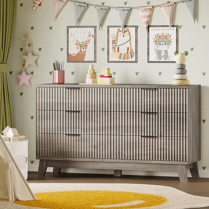53" Long Dresser for Bedroom, 6-Drawer Dresser with Fluted Fronts, Wide Wood Chest of Drawers, Smooth Metal Slides, Stable Base, Modern Clothes Storage Cabinet for Living Room, Hallway
