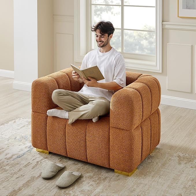 VANOMi 44.09”Oversized Accent Chair, Boucle Arm Chair with Deep Seat, Comfy Reading Chair for Living Room, Bedroom, Office, Apartment, Curry (1 Piece)