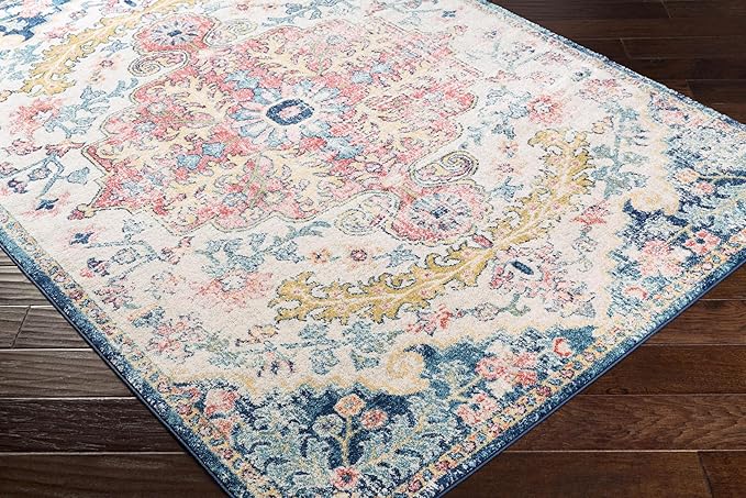Livabliss Area Rugs - 8ft Round Odelia Vintage Boho Aqua Burgandy Blue Round Area Rug for Living Room Bedroom - Floral Medallion Stain Resistant Carpet for Kitchen, Nursery, Office (7'10" Round)