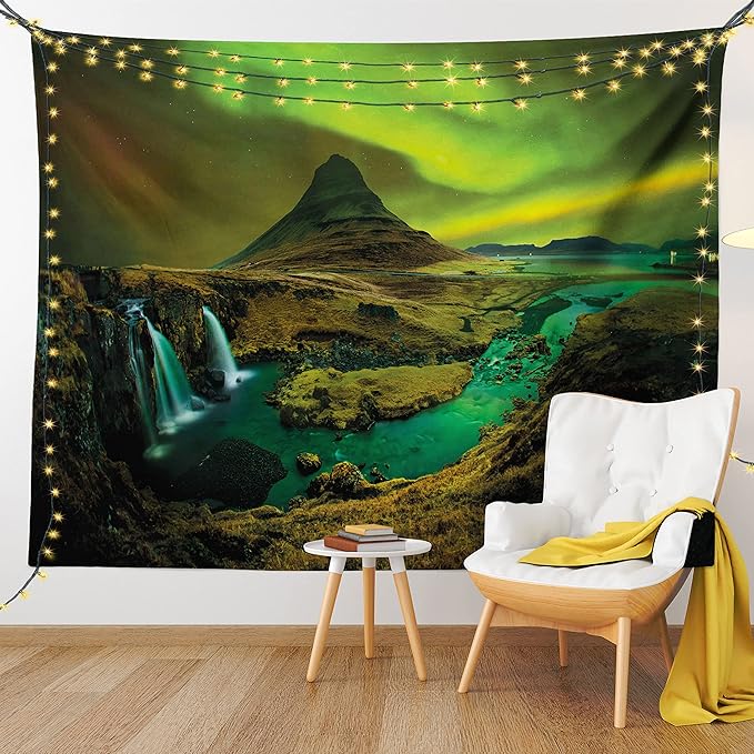Ambesonne Aurora Borealis Tapestry, Pale Weather over the Hills Waterfall Creek Nature Landscape, Fabric Wall Hanging Decor for Bedroom Living Room Dorm, 28" X 23", Olive Green