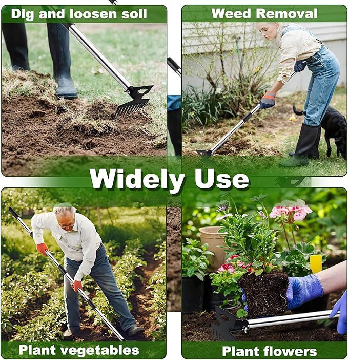 Weed Puller Tool with Long Handle, 60" Manual Weeder Remover Tool, 2 in 1 11-Tine Heavy Duty Manual Weed Rake and Garden Hoe, Weeding Tools for Yard, Lawn, Patio, Garden