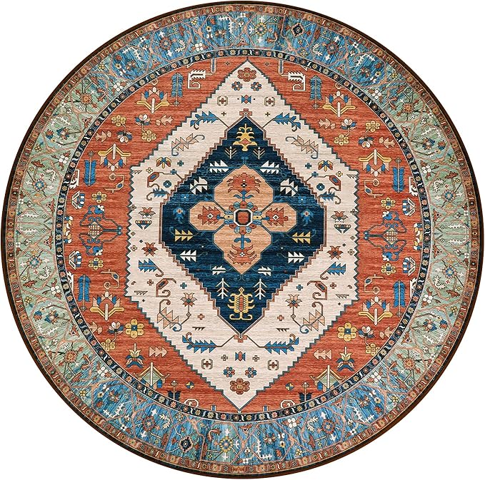Lahome Ultra-Thin Round Rugs - 6ft Washable Round Area Rugs for Living Room Non-Slip Throw Circle Rugs for Bedroom Dining Room Rug, Non-Shedding Office Rug Oriental Round Carpet for Bedroom Kitchen