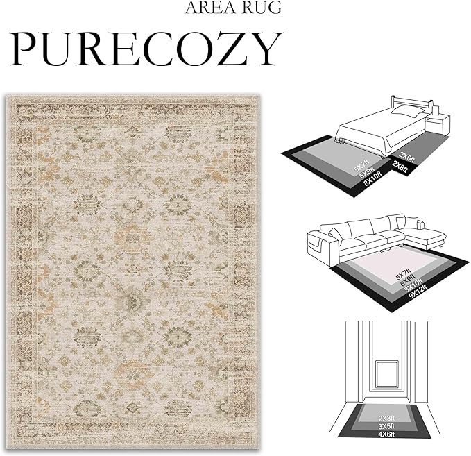 Beige 6x9 Area Rug Non Slip Vintage Living Room Distressed Machine Washable Carpet Retro Indoor Bedroom Traditional Floral Accent Throw Rug for Office Kitchen Dorm Dining Room