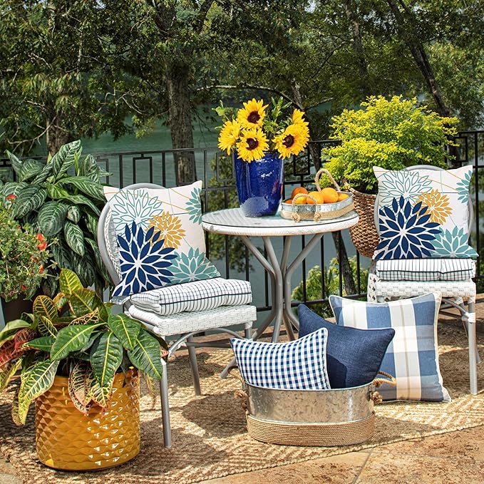 Dark Blue and Light Green Floral Pillow Covers 20x20 Set of 2 Outdoor Pillows Covers Waterproof Summer Pillowcovers Polyester Cushion Case Decor for Couch Patio Funiture Garden Porch 01T20