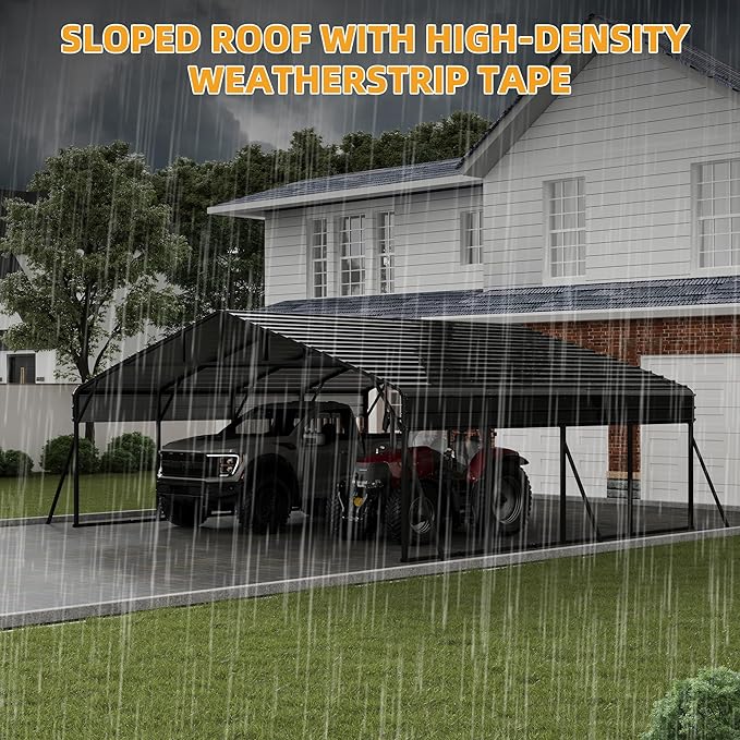 20 x 20 FT Metal Carport with Galvanized Steel Roof, Heavy Duty Metal Roof Carport with Enhanced Base, Tall MetalCarport Kits Garage for Tractors, Trucks, Boats, Cars