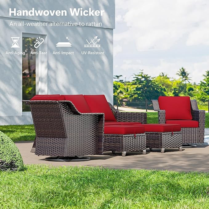 9 Pieces Wicker Patio Furniture, Luxury Outdoor Furniture with 2 Patio Swivel Chair, 2 Chair, 3-Seater Sofa, 2 Ottoman, 1 Coffee Table and 1 Side Table, Wide Armrest, Thickened Cushions