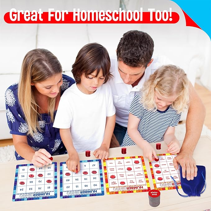 SpriteGru Number Bingo Game, 1-100 Board Game Learn & Count to Read 2 Versions Recognition Game for Kids 5-12, Perfect for Classroom & at Home