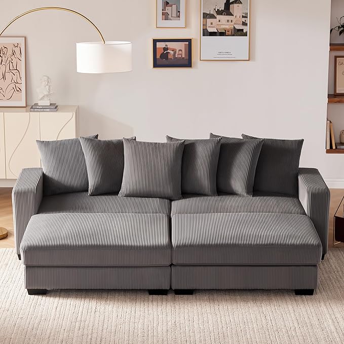 101.6" Deep Seat Corduroy Sectional Couches for Living Room, Comfy Upholstered Modular Sectional Sofa Bed, Cloud Couch with Thickened Cushions Widened Armrests,2 Seats + 2 Ottoman,Dark Grey