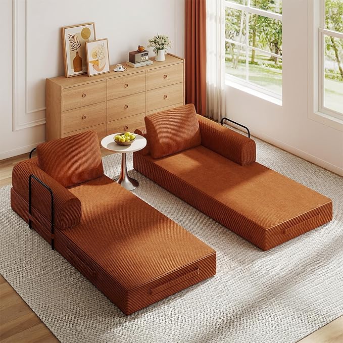 Antetek Convertible Sofa Bed, Comfy Corduroy Fluffy Love seat Sleeper Sofa, 5 in 1 Folding Couch Bed, Fold Out Floor Couch with Pillows for Bedroom, Living Room, Office, Pinstripe, Orange