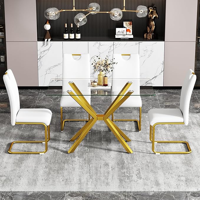 47.24" Rectangular Glass Dining Table Modern Kitchen Glass Top Table for 4 with Gold Metal Legs, Clear Dining Table Kitchen Table for Home Office Dining Room