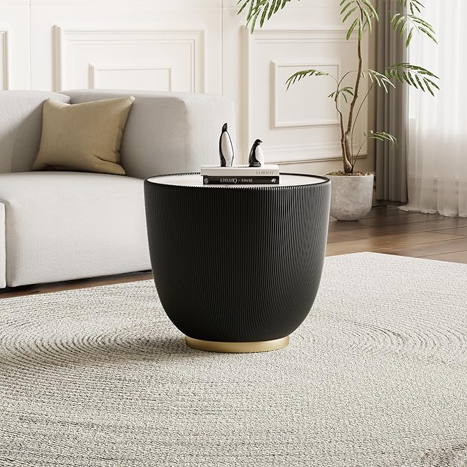 Round Coffee Table Set with Sintered Stone Tabletop, 27.56" White Drum Center Table and 19.69" Black Coffee Table Set, 2 Pieces Living Room Table Set with Fluted PU Leather Cover& Metal Base