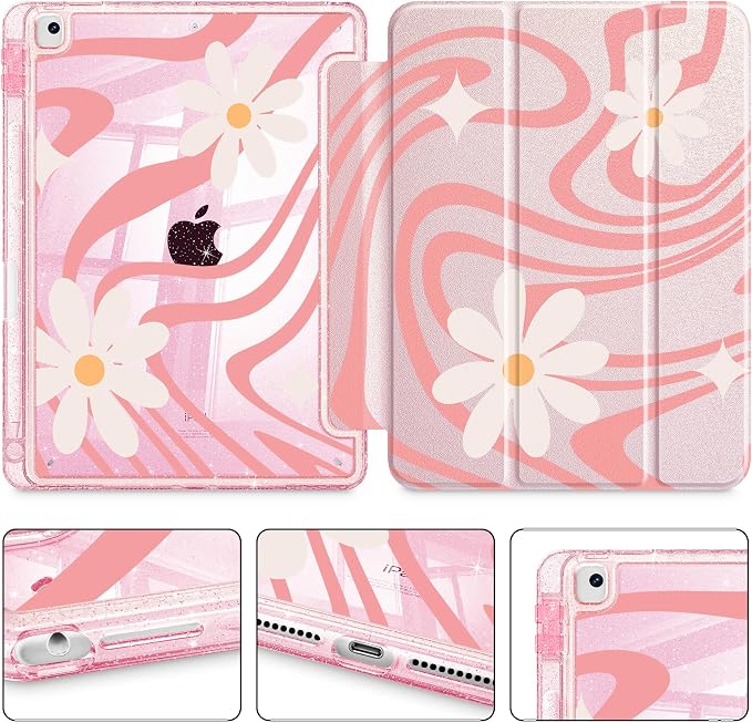 Case for iPad 9th/ 8th/ 7th Generation 10.2-Inch Case(2021/2020/2019 Release) Glitter Tablet Cases with Transparent Acrylic Back+Trifold Stand+Pencil Holder+Auto Wake/Sleep Bows-Stripe