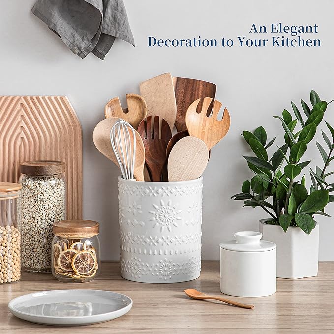 LOVECASA Extra Large Kitchen Utensil Holder, 7.2" Ceramic Farmhous Utensil Holder For Kitchen Countertop Décor With Heavy And Sturdy Base, Utensil Crock Organizer, White