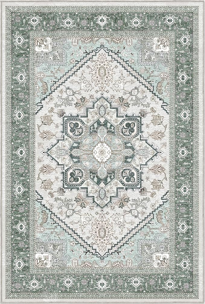 OPPODREAM Thin 8x10 Area Rugs, Washable Rugs 8x10 with Non Slip Backing, Faux Cashmere Low-Pile 8 x 10 Carpet, Green