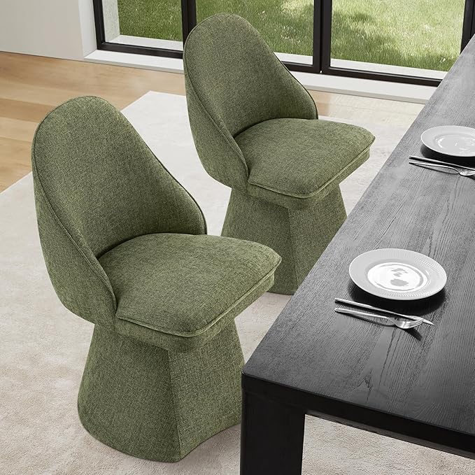 Swivel Dining Chairs Set of 4, Upholstered Mid Century Modern Deskchair with Round Back, Linen Fabric Kitchen Chairs for Dining Room, Bedroom, Dressing Room, Moss Green