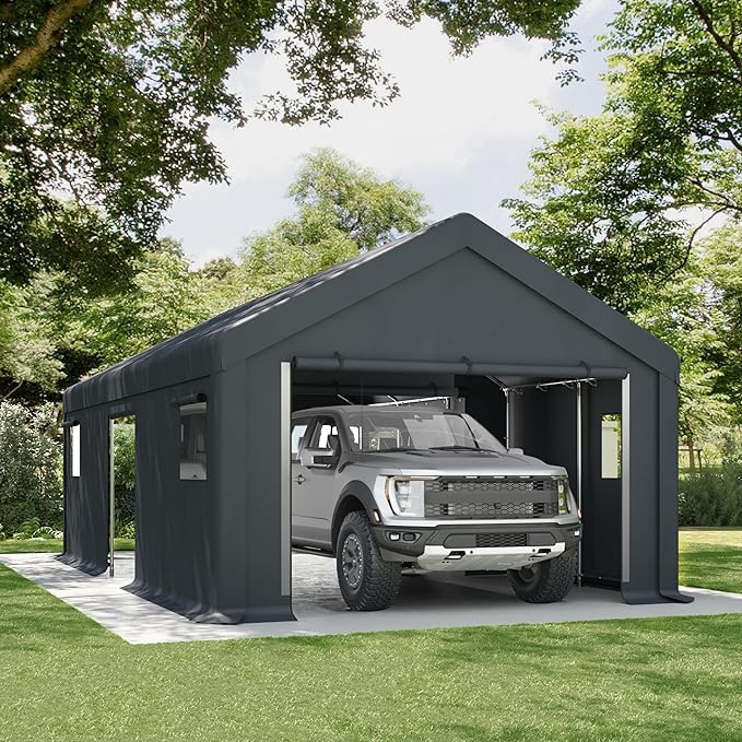 PHI VILLA 13'x24'x9.6' Outdoor Portable Storage Shelter Shed Garage with Roll up Zipper Doors & Vents Carport for Motorcycle Waterproof and UV Resistant Anti-Snow Portable Garage Kit Tent, Gray