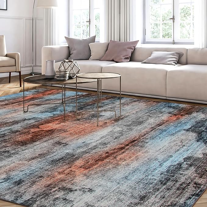 WILLSUN Washable Area Rugs, 8x10 Non-Slip Boho Large Area Rugs for Living Room, Bedroom, Machine Washable Vintage Rug, Indoor Floral Print Carpet for Home Decor, Kid & Pet Friendly Mat