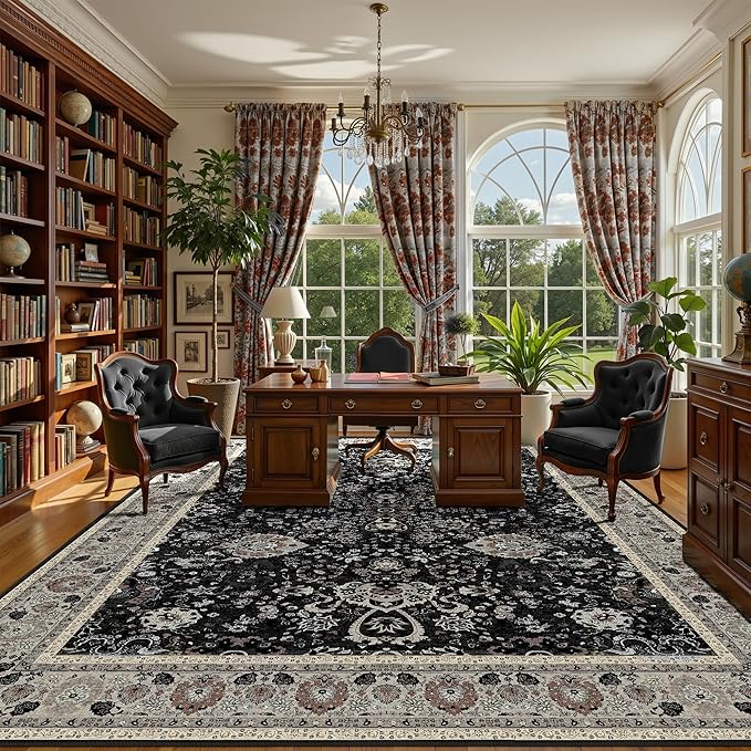 9x12 Rugs for Bedroom, Vintage Washable Rugs Non Slip Large Area Rug for Living Room Dining Room Office, Floor Decoration Big Rug Carpet Low-Pile Kid & Pet Friendly(Blcak Navy Multi