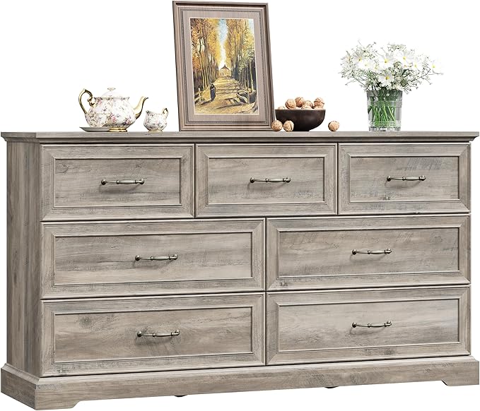 7 Drawer Dresser for Bedroom, 57" Wide Wooden Chest of Drawers, Rustic Farmhouse Dresser with Large Drawers & Metal Handles, Modern Storage Organizer for Closet, Living Room, Hallway, Grey