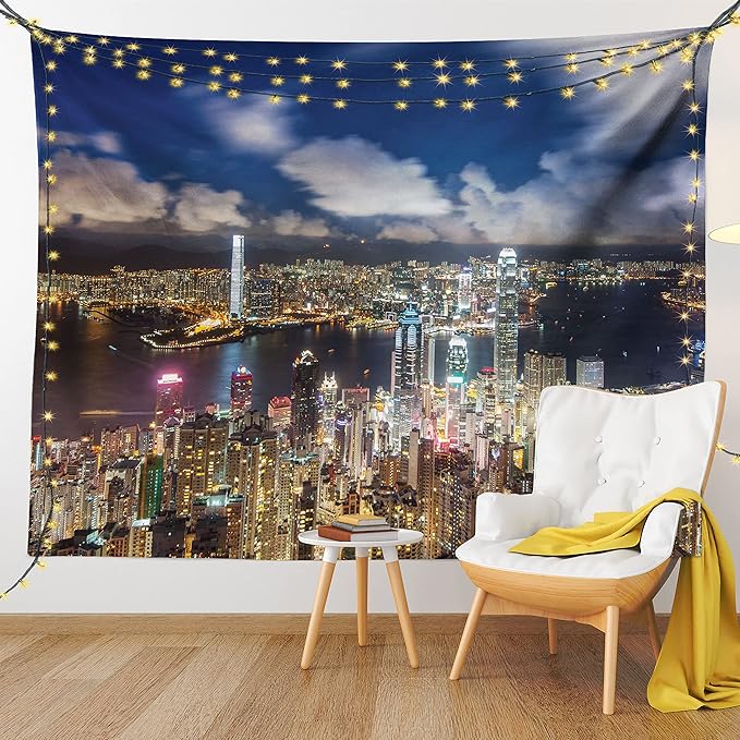 Ambesonne Cityscape Tapestry, Night View Hong Kong Victoria Harbor Business Financial District Cityscape Print, Fabric Wall Hanging Decor for Bedroom Living Room Dorm, 45" X 30", White Indigo
