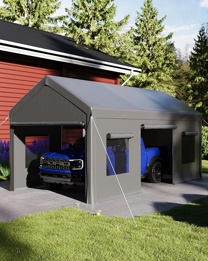 Garvee 10x20 Carport Canopy, Heavy Duty Car Port with Waterproof Tarp, Roll-Up Windows & Doors, Outdoor Portable Garage with Removable Sidewalls, for Car, Boat, Truck, Motorcycle, Grey