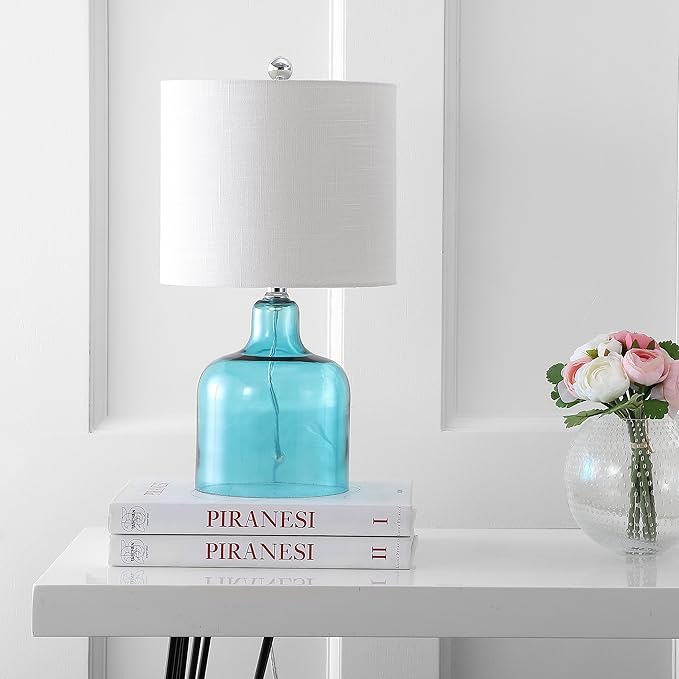 JONATHAN Y 19" Moroccan Blue Glass Bell Table Lamp for Living Room Bedroom, White Linen Drum Shade, Modern Coastal Bedside Nightstand Lamp with LED Bulb, UL Listed JYL1027A