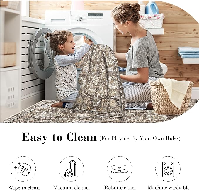 RUGSURE Washable Area Rugs - Perfect for Living Room, Bedroom, Kids Room, Nursery - Stain & Water Resistant Non-Slip, Pet & Child Friendly, Vintage Tribal Area Rugs (Ivory, 2'6'' x 8')