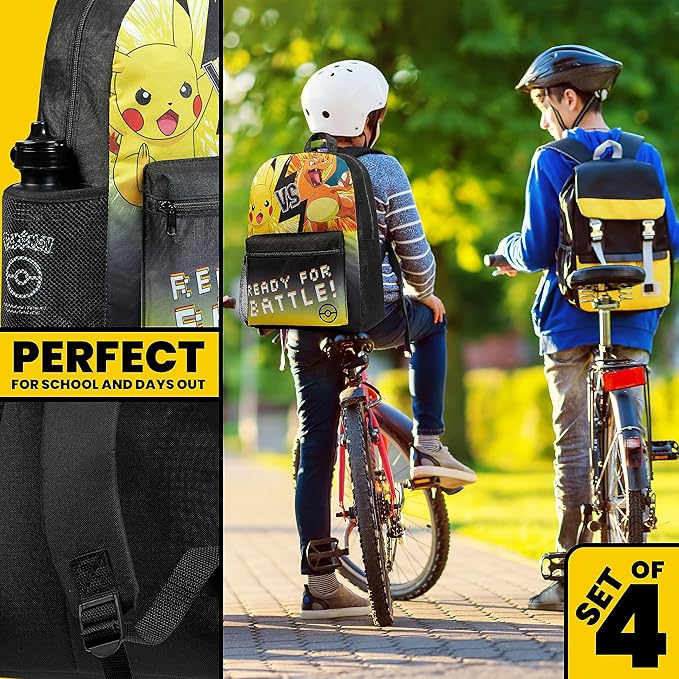 Pokemon Backpack Set 4 Pcs for Kids with Backpack Water Bottle Pencil Case and Insulated Lunch Bag or Wallet Anime School Supplies Gifts for Kids (Black/Yellow 4 Pcs Set)