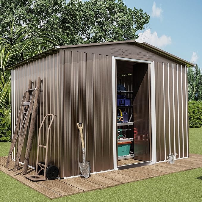 8FT x 6FT Outdoor Storage Shed, Waterproof Lockable Door Metal Tool Shed with Sliding Door and Ventilation, Gardening Tool Storage Room, Metal Storage Shed for Gardens and Lawns