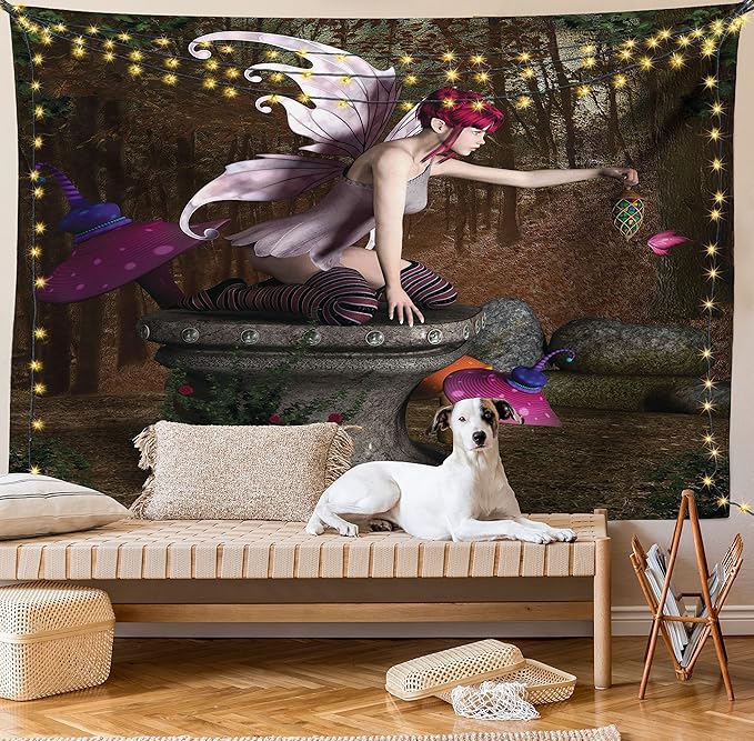 Ambesonne Tale Tapestry, Dimensional Mythical Creature Design Artifact on Pedestal Forest Print, Fabric Wall Hanging Decor for Bedroom Living Room Dorm, 23" X 28", Red Purple Grey