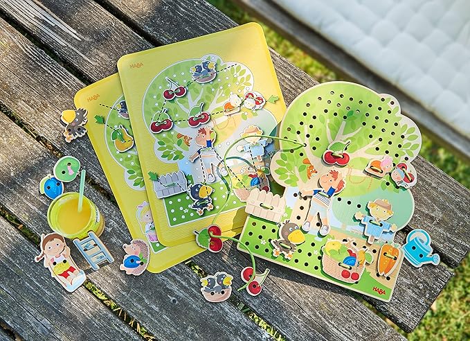 HABA Orchard Threading Game for Kids Ages 3-5, Lacing Tiles for Fine Motor Skills Development, Montessori Learning Toy for Preschoolers with 31 Fruit & Character Tiles