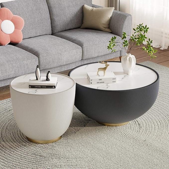 Grey Round Coffee Table with Sintered Stone Tabletop, 27.56" Drum Coffee Table with Fluted PU Leather Covered and Metal Base, Circle Cocktail Tea Table for Living Room