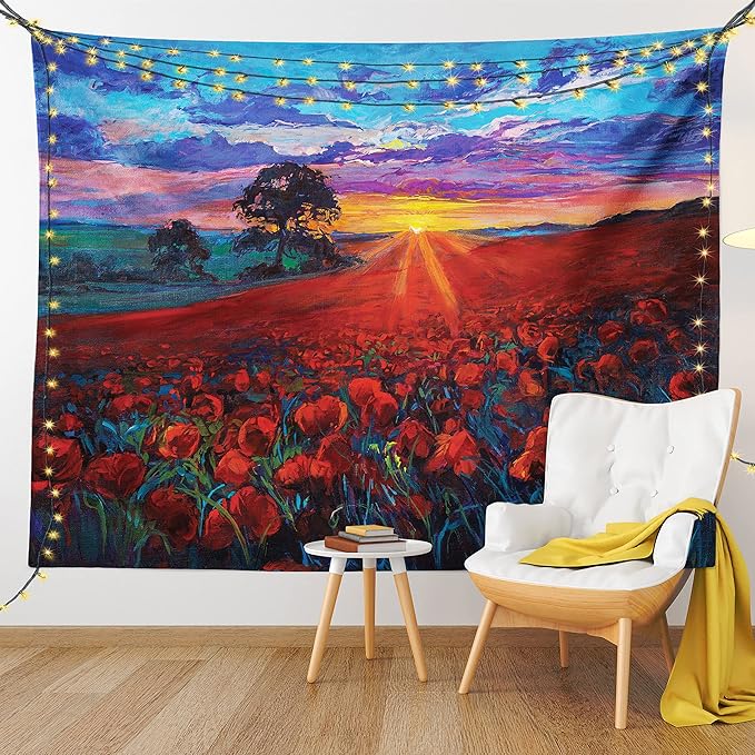 Ambesonne Country Tapestry King Size, Clouds at Sunset Paint Scenery of Poppy Flower Garden on Valley with Horizon, Wall Hanging Bedspread Bed Cover Wall Decor, 104" X 88", Burgundy Deep Sky Blue