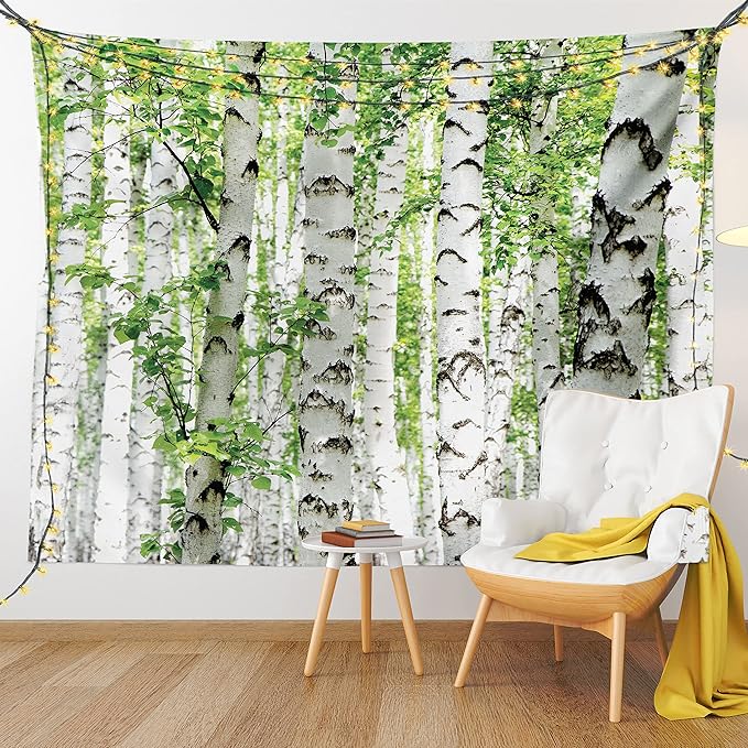 Ambesonne Woodland Tapestry Queen Size, Birch Trees in The Forest Summertime Wildlife Nature Outdoors Themed Picture, Wall Hanging Bedspread Bed Cover Wall Decor, Queen Size, White Green