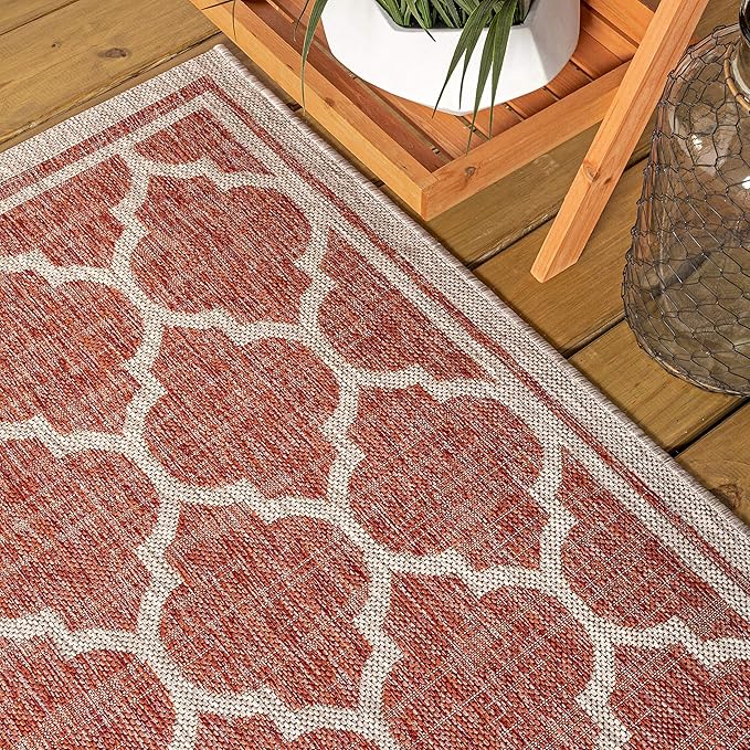 Eyely BMS109C-5R Santa Monica Trebol Moroccan Trellis Textured Weave Indoor/Outdoor Area Rug Coastal;Bohemian, Bedroom, Backyard, Patio, Easy-Cleaning, Non-Shedding, 5' Round, Red/Beige