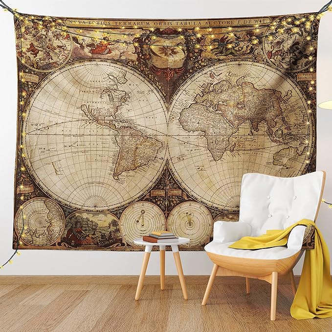 Ambesonne World Map Tapestry King Size, Old World Map Drawn in 1720s Nostalgic Style Art Historical Atlas Vintage Design, Wall Hanging Bedspread Bed Cover Wall Decor, 88" X 88", Multicolor