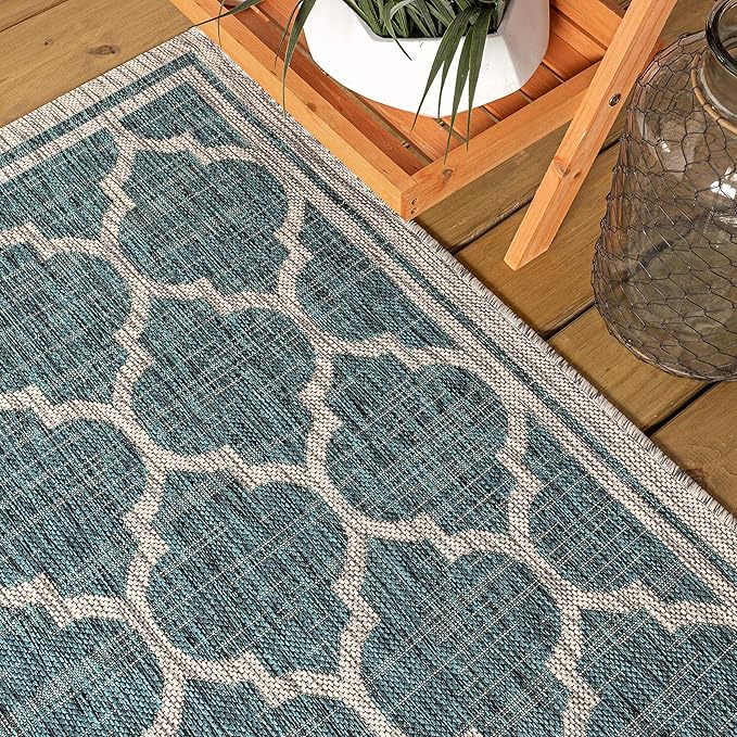 Eyely BMS109E-5SQ Santa Monica Trebol Moroccan Trellis Textured Weave Indoor/Outdoor Area Rug Coastal;Bohemian, Bedroom, Backyard, Patio, Easy-Cleaning, Non-Shedding, 5' Square, Teal/Gray