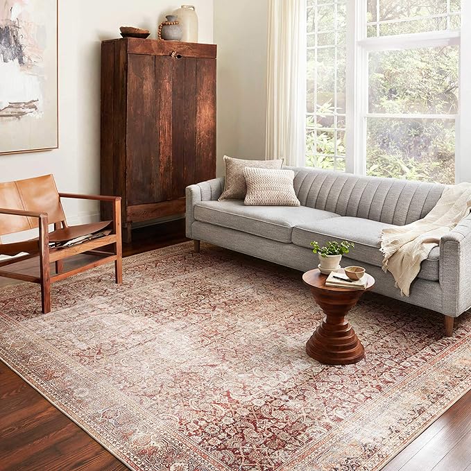 Loloi Layla Collection LAY-11 Cinnamon/Sage 7'-6" x 9'-6" .13" Thick Area Rug, Soft, Durable, Vintage Inspired, Distressed, Low Pile, Non-Shedding, Easy Clean, Printed, Living Room Rug