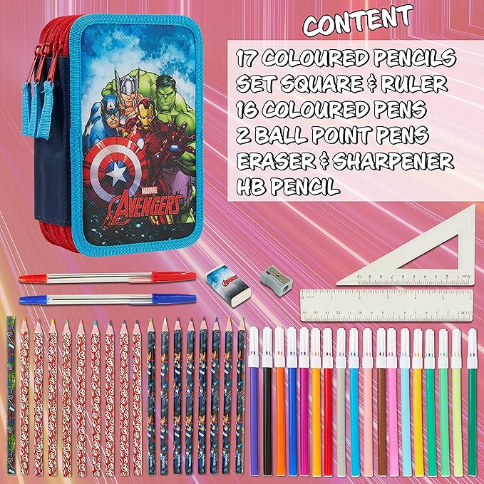 Marvel Boy's Pencil Case, Pencil Case with Compartments Filled School Supplies, Felt, Coloured Pencil, Spiderman Avengers Back to School Gift