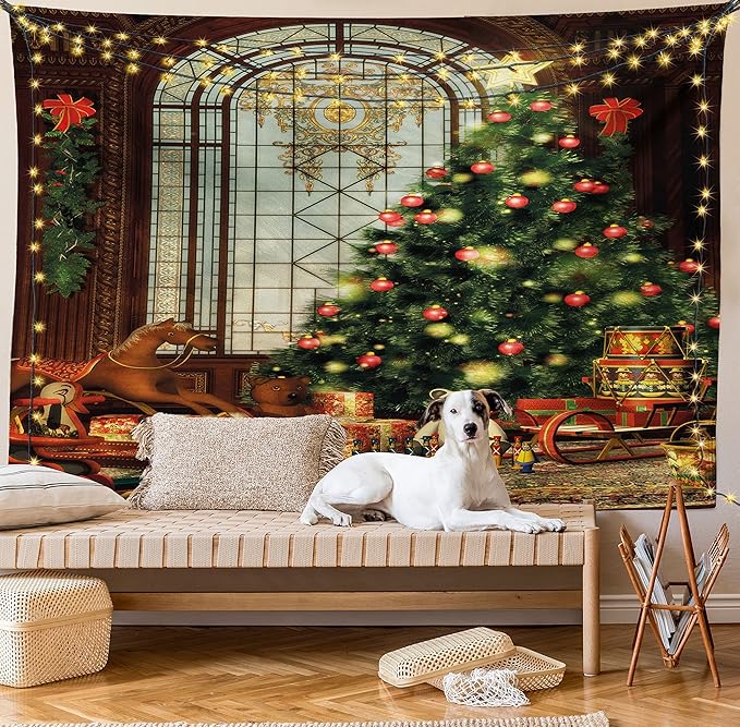 Ambesonne Christmas Tapestry King Size, Vintage Ambiance Big Old Fashioned Window Xmas Tree Various Presents, Wall Hanging Bedspread Bed Cover Wall Decor, King Size, Brown Red Green