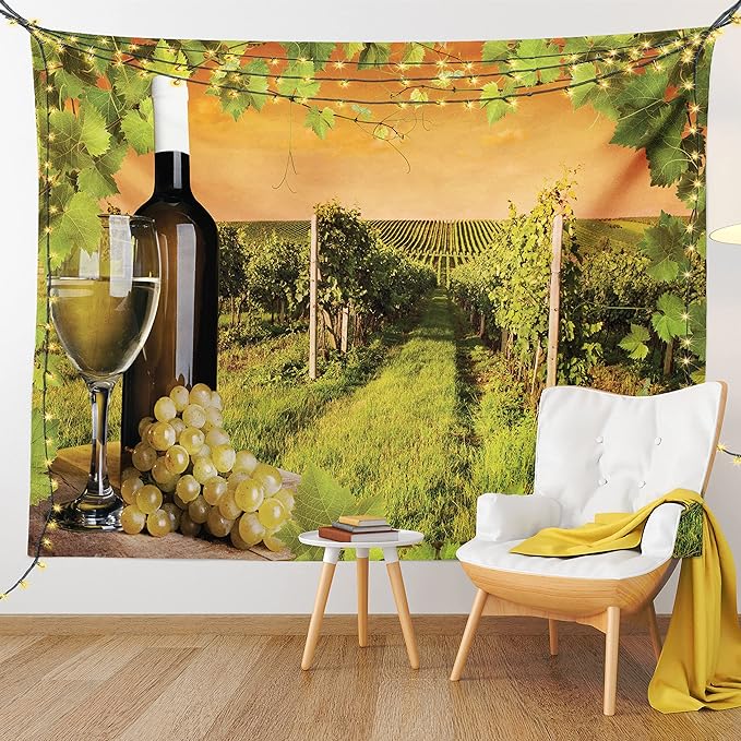 Ambesonne Winery Tapestry King Size, Bottle and Glass of Wine and Vineyards of Sunset Countryside Romantic Evening View, Wall Hanging Bedspread Bed Cover Wall Decor, 104" X 88", Orange Green