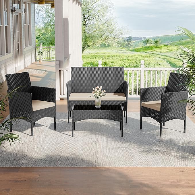 Kurapika Patio Furniture Set 4 Pieces Outdoor Wicker Rattan Chairs Conversation Sets w/Coffee Table, Rocking Bistro Set, for Patio Lawn Backyard (Sand)