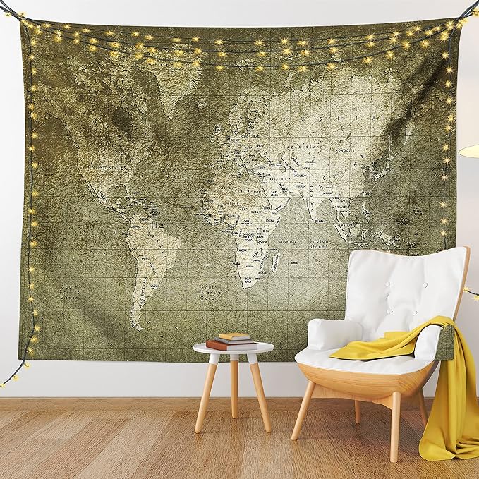 Ambesonne Antique Tapestry Twin Size, Old World Map Texture Nostalgic Plan Atlas Trace of Life, Wall Hanging Bedspread Bed Cover Wall Decor, 68" X 88", Khaki Beige